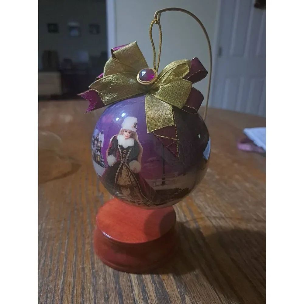 Vintage 1996 Barbie Mattel Purple Gold Large Christmas Holiday Ornament w Stand